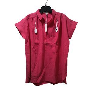 Loyal Hana Maternity Nursing Shirt M Red Striped Cotton Popover Short Sleeve NWT